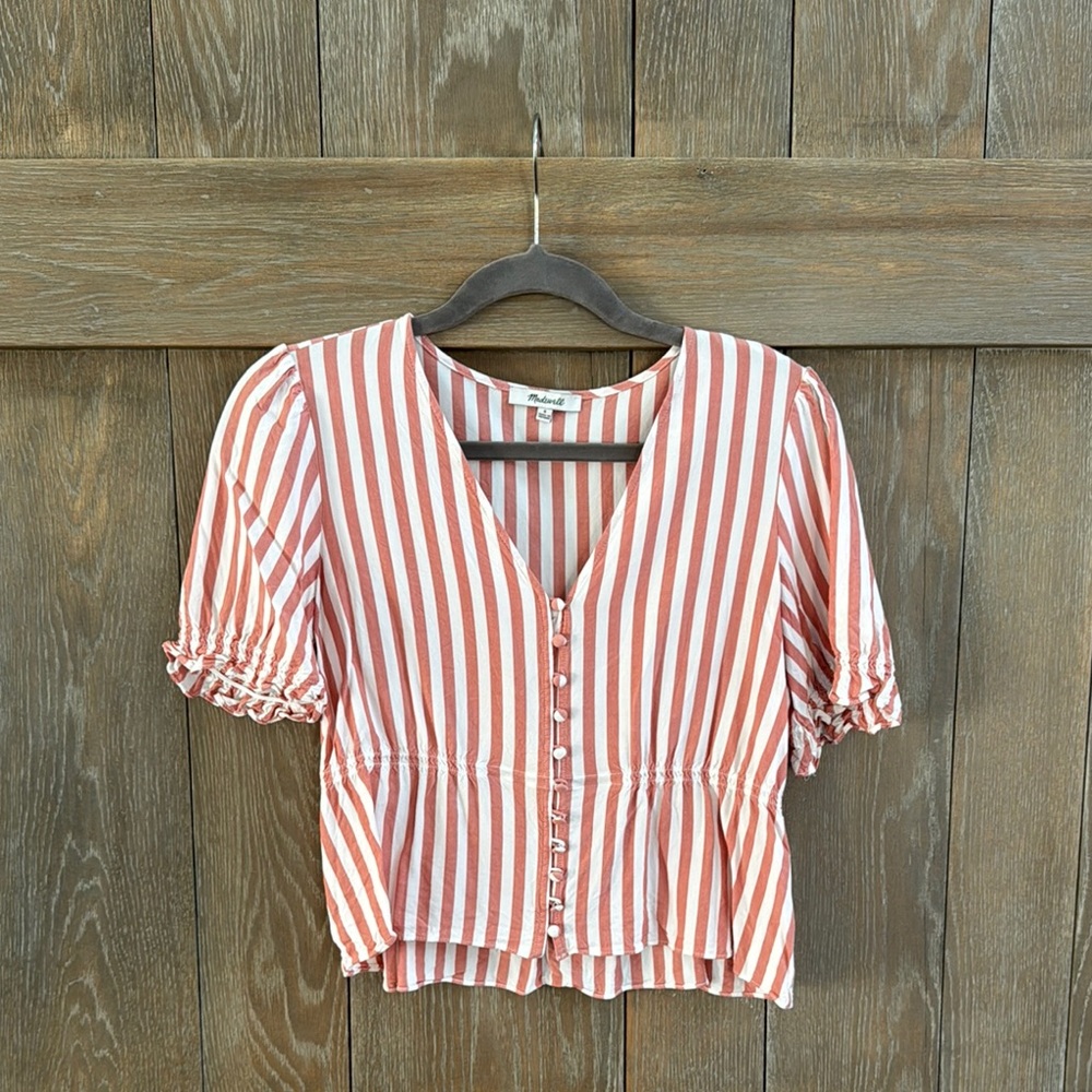 Madewell Pink and White Puff Sleeve Crop Blouse